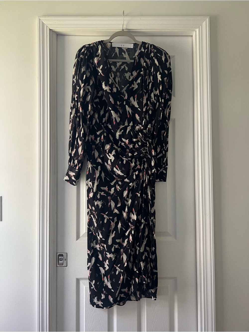 IRO Black Wrap Midi Dress with Pink and Cream Print